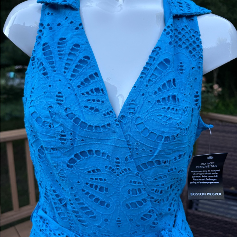 Boston Proper Blue Eyelet Sleeveless Spring Summer Dress MIDI Faux Wrap Sz 2 NWT - Picture 4 of 16